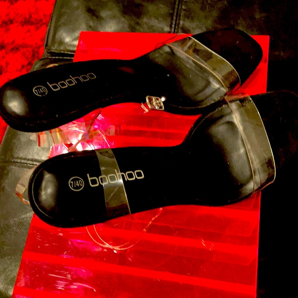 4” heels stylish black with clear straps / chrome metal heel